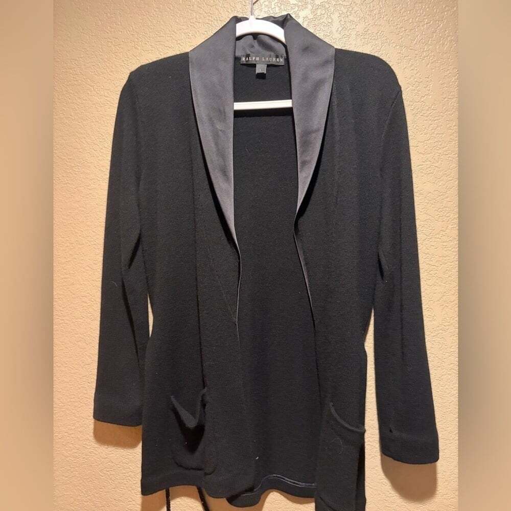 Ralph Lauren Black Label Black Blazer with Satin Lapel and Embellished Wrap Sz L